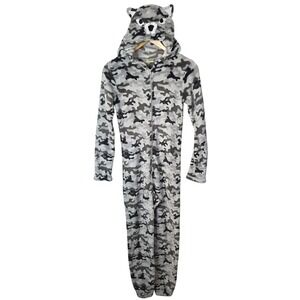 Open Trails Boys Gray Camo Wolf Hooded Fleece Union Suit Pajamas Size L 12/14